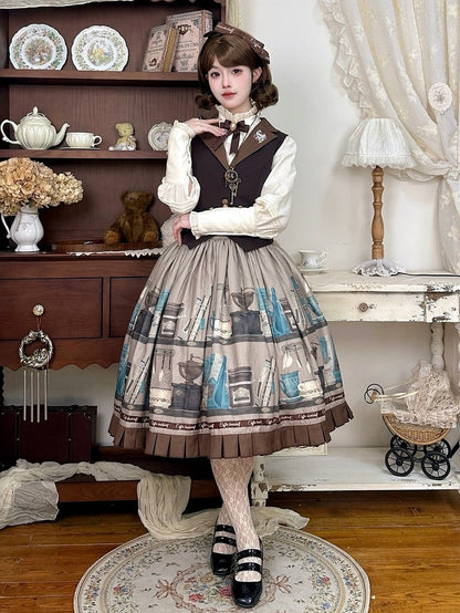 Gray Brown Coffee Cup Bookshelf Print Elegant Skirt Ruffled Hem - Dream Whale