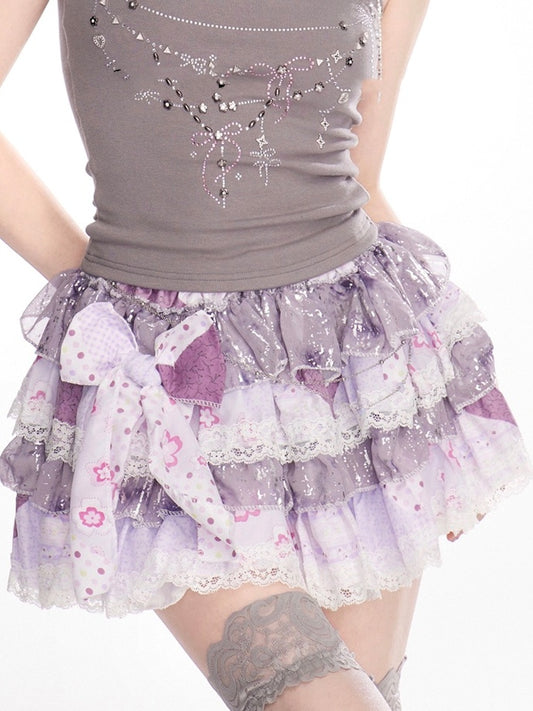 ラベンダーの伸縮性ウエスト、レーストリムのスイートティアードスカート