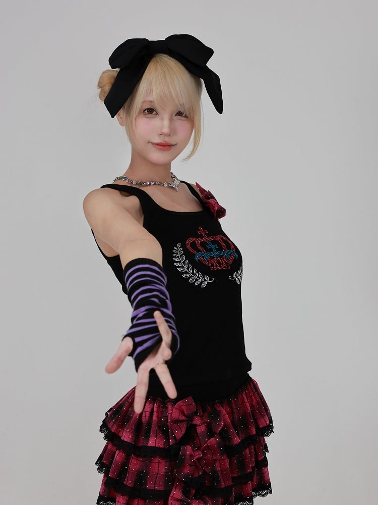 Black Tank with Red Plaid Bow  Rhinestone Crown – Gyaru Style