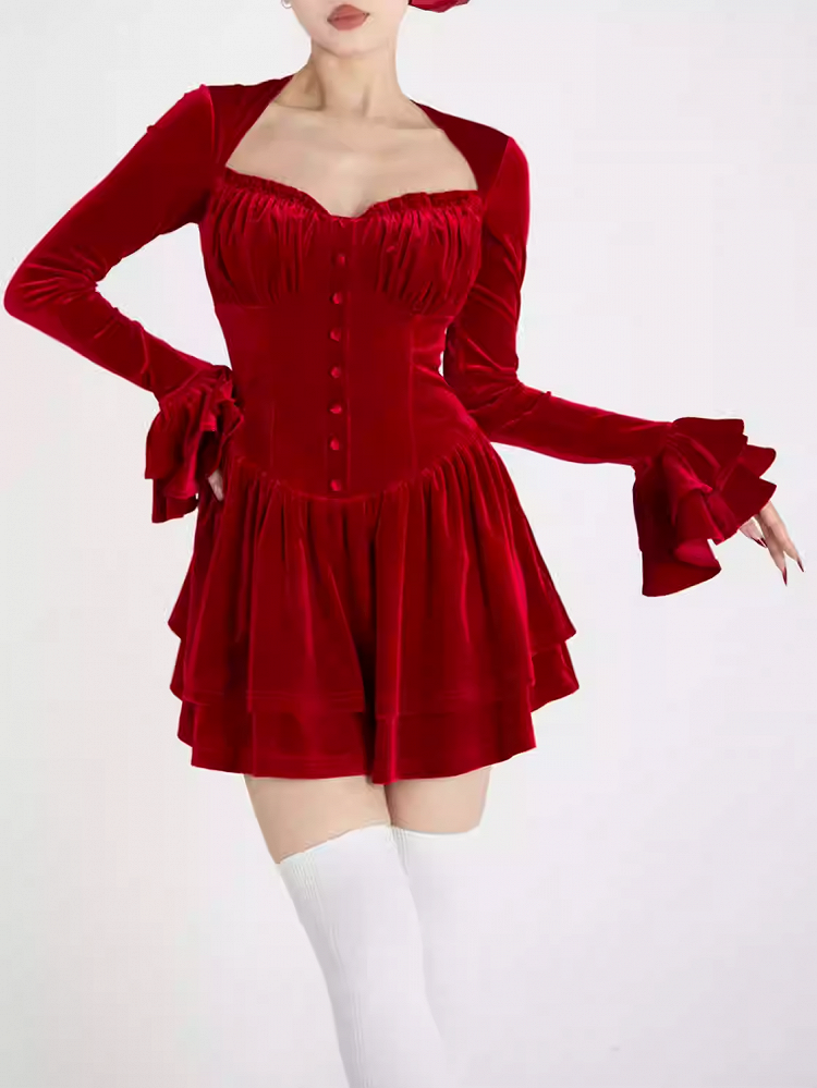 Glamouröses Minikleid aus rotem Samt mit V-Ausschnitt und Glockenärmeln und Stufenrock