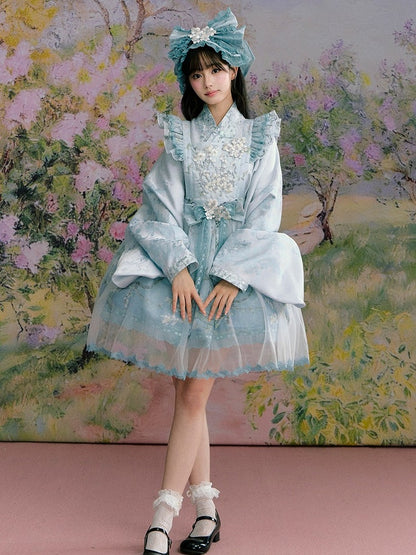 Mint Green Hanfu-Inspired Satin Long Sleeve Top with Floral Print - Yimu Walnut