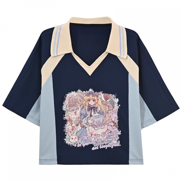 Version Navy Blue Colorblock Design V-neck Anime Girl Print T-shirt Long/Short
