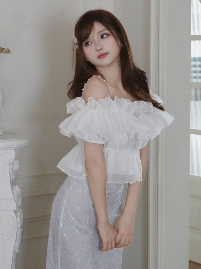White Ruffle Chiffon Cami with Beaded Straps - Smyster