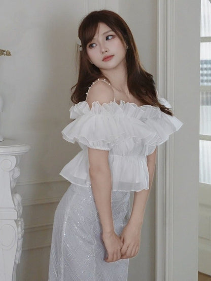 White Ruffle Chiffon Cami with Beaded Straps - Smyster