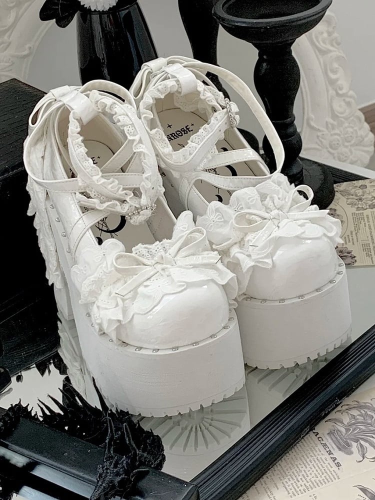 Leather High Gothic Detail PU Heels Block Bow Knotted with White