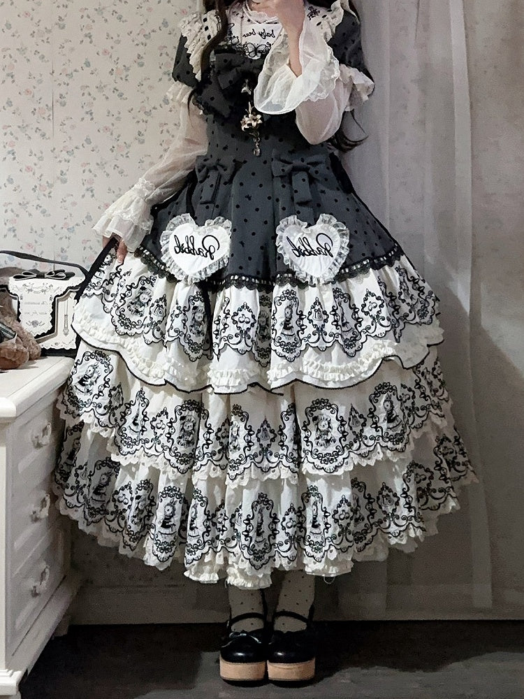Lolita with Edge Scalloped Layered Elegant Trim Black Rabbit Pattern White Skirt