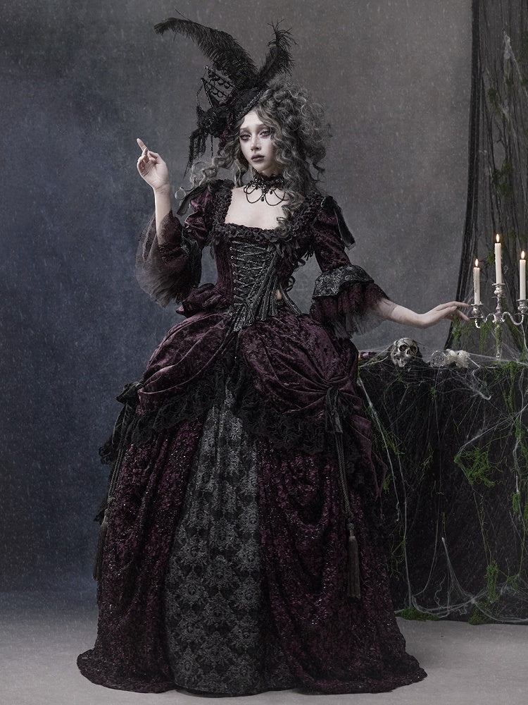 Gothic Gray & Purple Floral Lace Skirt Set with Velvet Overlay, Detachable Bows & Tassel Drawstring - Blood Supply