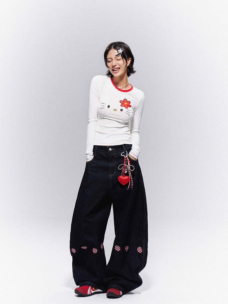 Heart Denim Black with Embroidery Vintage Wide-Leg Trousers Plaid