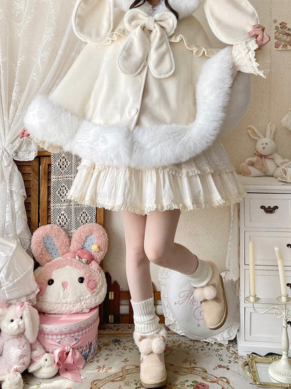 Lolita Winter with Plush Cape Lining Oversized Apricot Ears Bunny Hooded