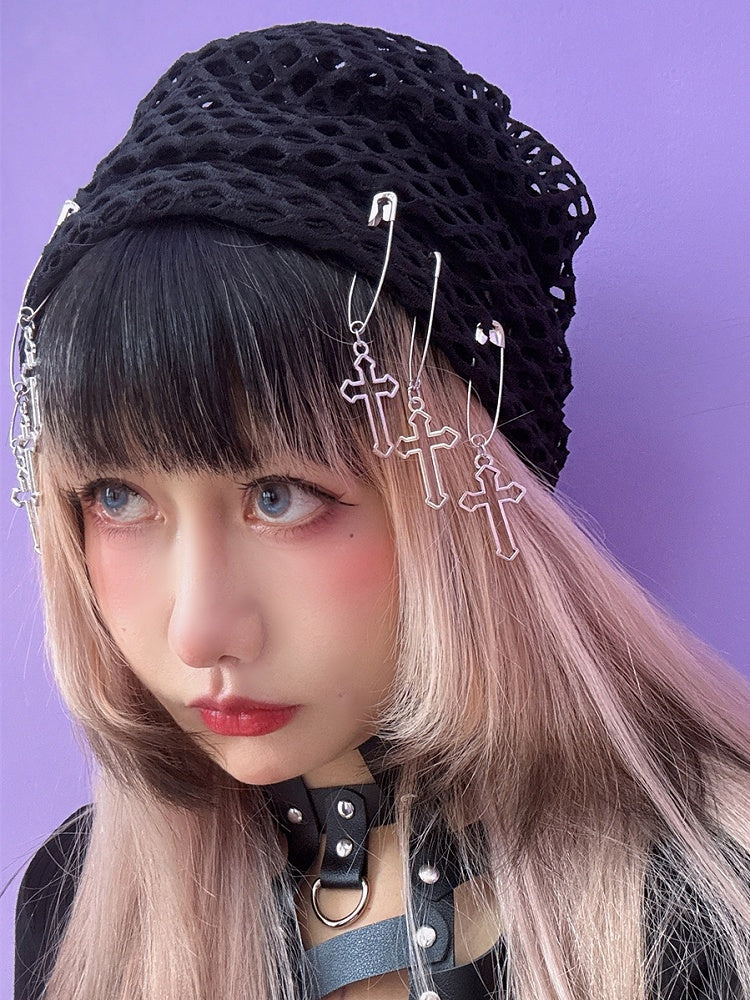 Charm Black Beanie Details Pin Y2K Design Cross Fishnet
