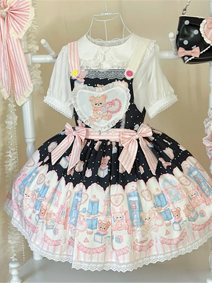 Hase Plüschtier Süßer Teddy Lolita und Kleid Schwarzer Print Overall