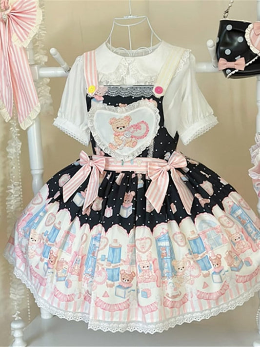 Hase Plüschtier Süßer Teddy Lolita und Kleid Schwarzer Print Overall