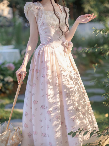 Graceful Pink Floral Lace JSK Dress with Brooch Set