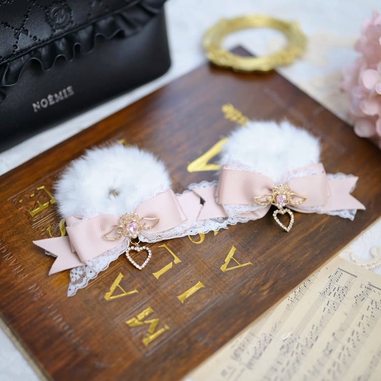 Jirai Kei Fluffy Bow Scrunchie with Angel Heart Rhinestones