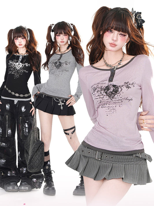 Schwarz/Grau/Pink Fake Zweiteiler Top