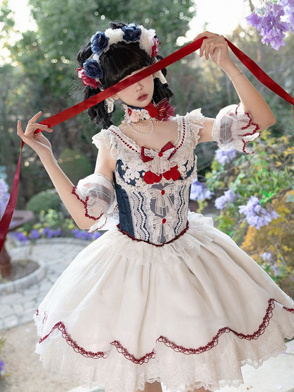 Vibes Sleeves and Bow White Detachable Snow Sweet Lace Decorated Blue Skirt Top Lolita + Full Set Choker KC Corset