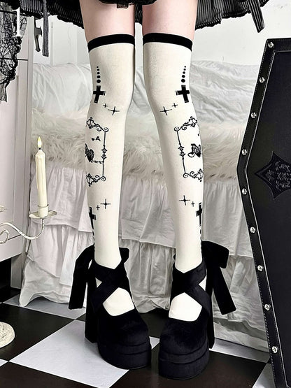 Cross Spades Poker/Ace Black Print Stockings Over-knee of Butterfly