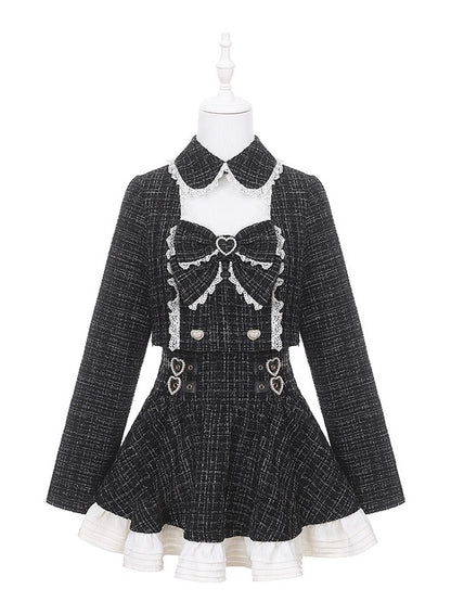 Black Jirai Kei Tweed Top with Chest Cutout, Lace & Bow Details for Fall/Winter - Puppet Bombs