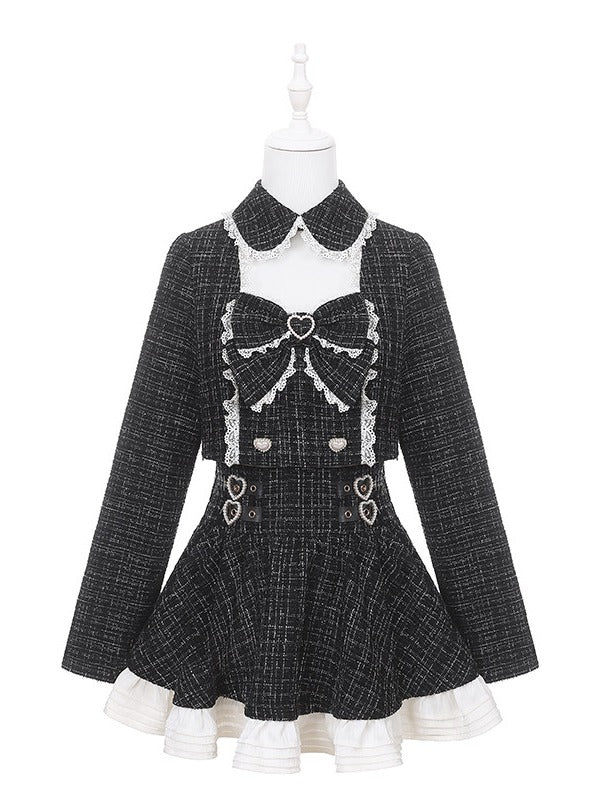 Black Jirai Kei Tweed Skirt for Autumn/Winter Season - Puppet Bombs