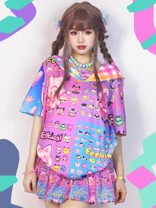 Gyaru Style Sailor Collar Short Sleeve T-shirt With Cartoon Prints And Plaid Pattern Colorful