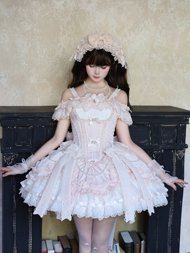 Accents Bead Lolita with and Dress Corset Balletcore Bow Chains Pink Princess