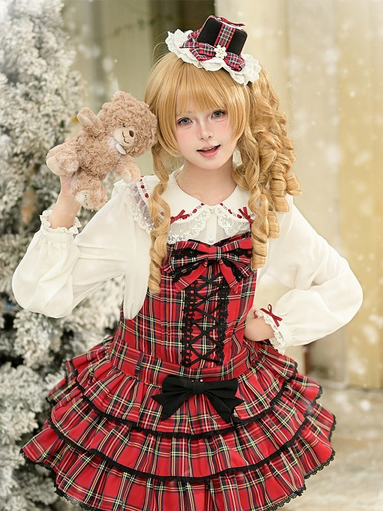 Red & White Peter Pan Collar Blouse with Lace Threading