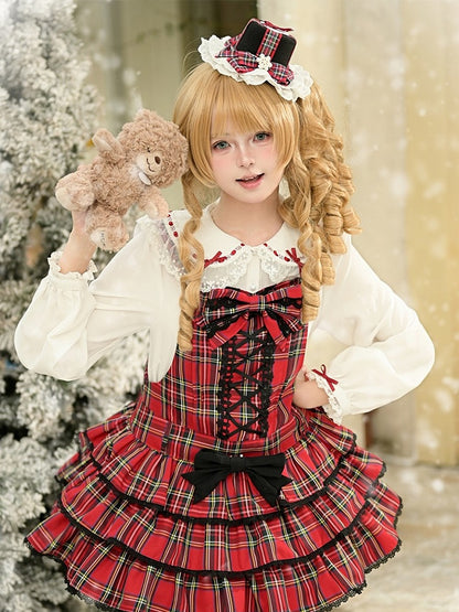 Red & White Peter Pan Collar Blouse with Lace Threading