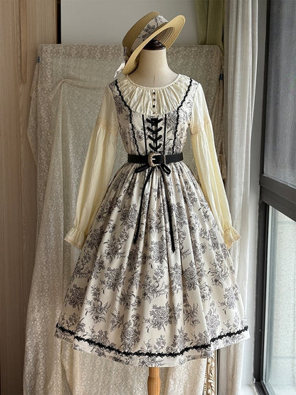 Beige & Black Rosette Print Long-sleeved Elegant Classic Lolita Dress