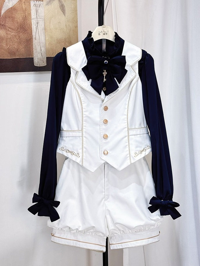 Ouji Lolita 4-Piece Set White Vest Blue Blouse Shorts & Bow - Castle Too