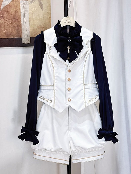 Ouji Lolita 4-Piece Set White Vest Blue Blouse Shorts & Bow - Castle Too