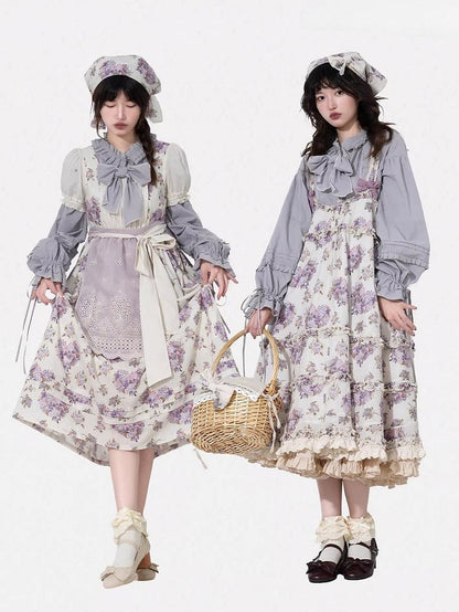 Long-Sleeve with Dusty Purple Blouse Loose Cuffs Ruffled Drawstring Lolita