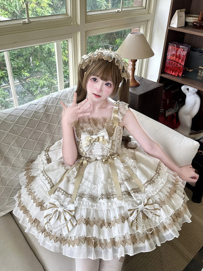 Perlen Lolita Verziertes Weißes Kleid Schleifen Kette Stufenrock Prinzessin