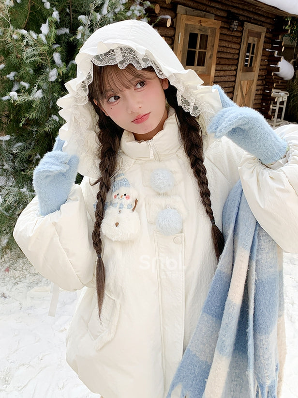 Cute Snowman Adorned White Hooded Puffer Down Jacket Bubble Silhouette