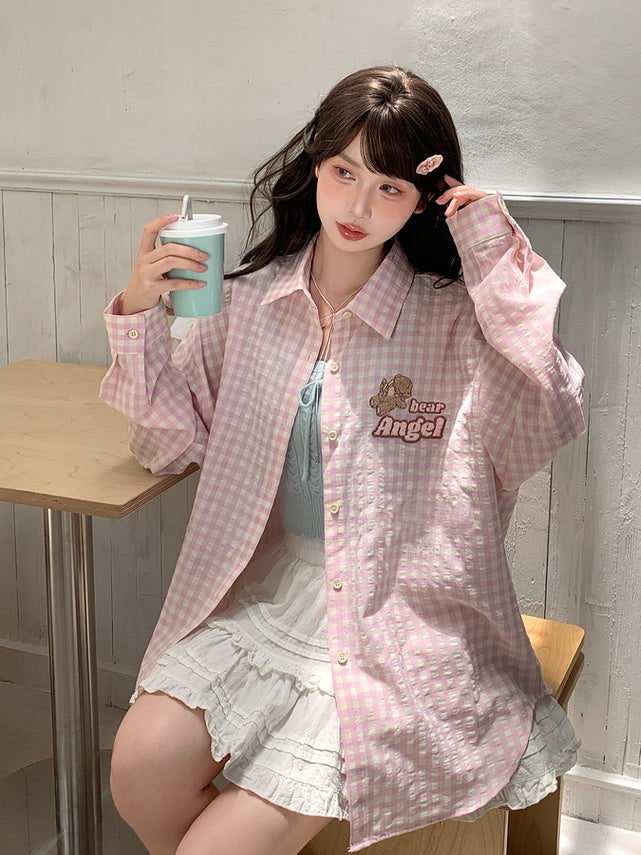 Pink Loose Plaid Shirt Adorable Bear Embroidery