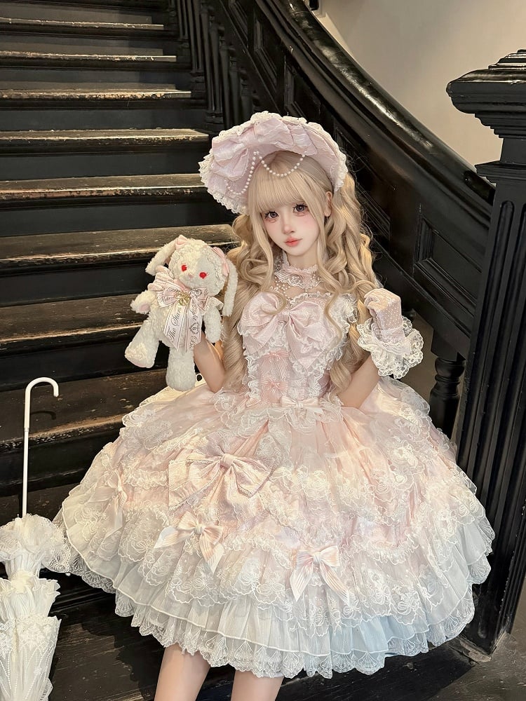 JSK Bow Full Multi-Layer Lolita Dress Back / Hanayome-Style With Trim Decor + Set Lace Pink