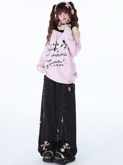 ウエスト ブラックディテール ジーンズ パンクデザイン スタッド ジップ ハイ