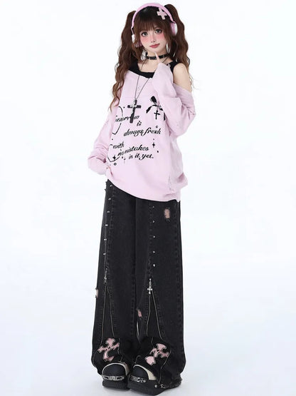 Nieten High Waist Schwarz Detail Punk Jeans Reißverschlüsse Design