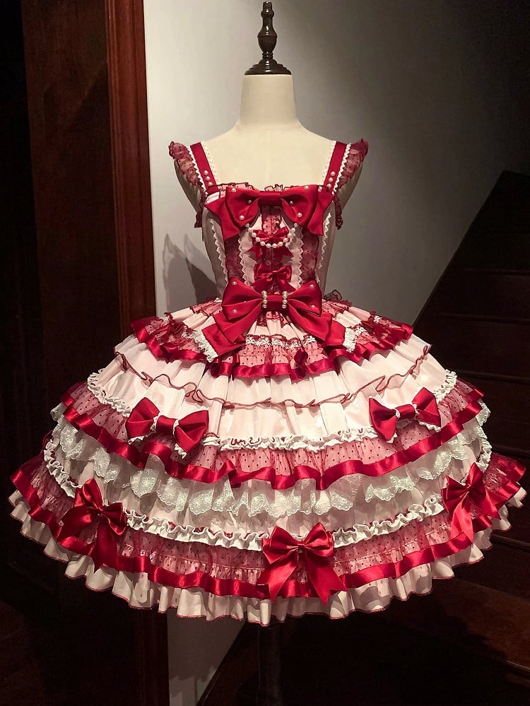 Skirt Tiered Red Old Sweet Pink Ruffles School Bows Decorated and