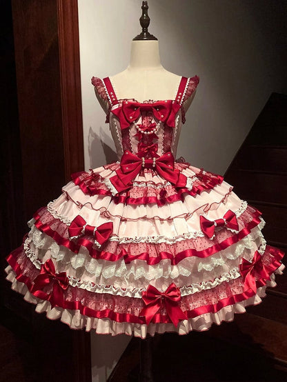 Skirt Tiered Red Old Sweet Pink Ruffles School Bows Decorated and