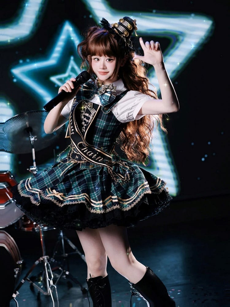 Green Idol Lolita Plaid JSK Dress with Golden Bear Embroidery and Black Scalloped Hem - LiLi Chain