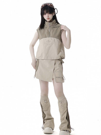 カーキカラーブロックデザイン ドローストリングヘム テックウェア フード付きタンクトップ
