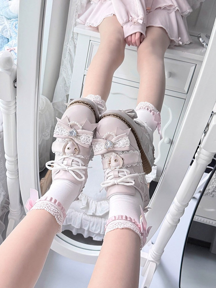 Pink Jirai Kei Style Shoes with Heart Buckle, Bowknot & Crystal Embellishments - Transfer Student