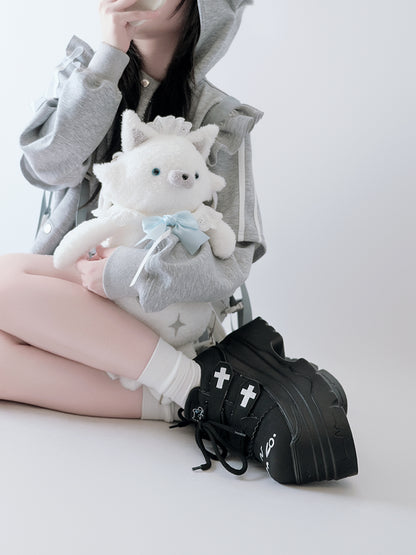 Yami Kawaii Matte Black Cross Velcro Strap Kitty Ears Platform Shoes