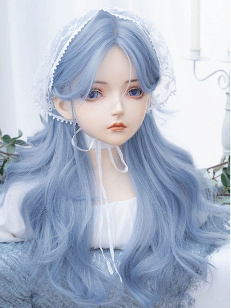 カーテンバング付きブルーロングウェーブ合成ウィッグ
