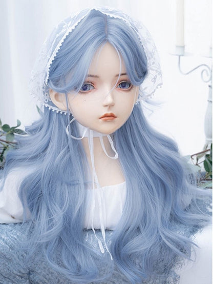 カーテンバング付きブルーロングウェーブ合成ウィッグ