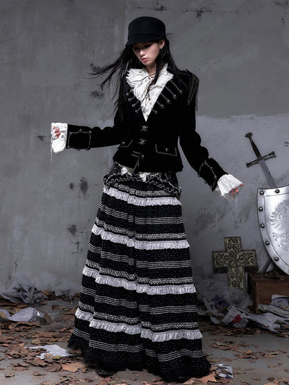 Lapel Multi-Row Embroidered Blazer Back Black with Cross Punk Fringe Epaulettes Shoulder Buttons Detachable