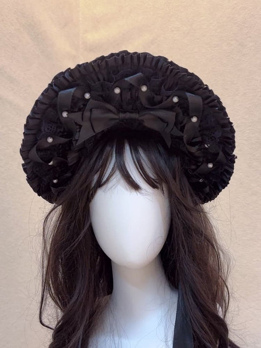 Black with Bead Bonnet Lace Lolita Accents Gothic
