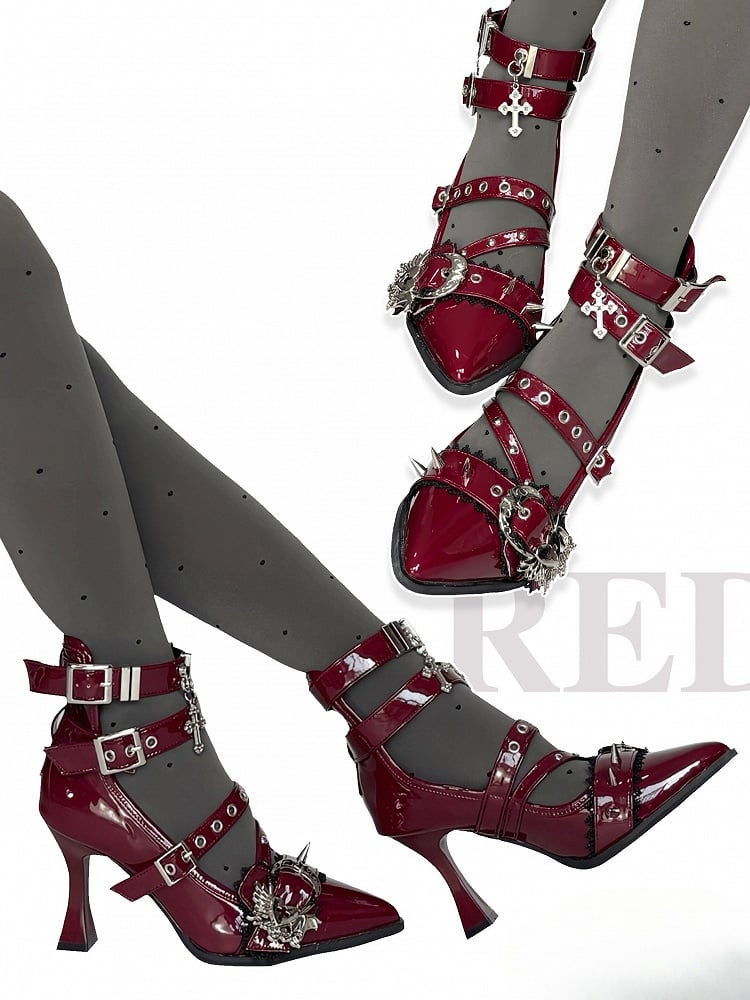- Rote High Heels mit Nieten, spitzer Zehenpartie, Schnalle, Gothic-Herz, Weinkegel