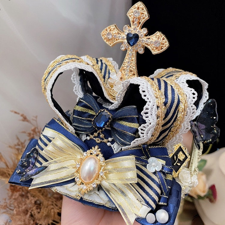 Red/Blue/Brown Mini Crown Rhinestone Bowknot Cross Details Decorated Hat