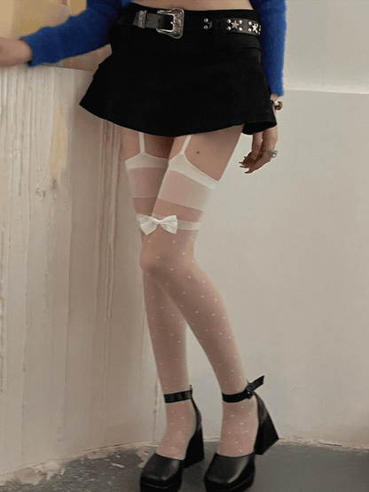 Polka-Dot Pattern Suspender Bow Black/White Tights